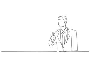 Drawing of Caucasian guy in business suit showing thumbs up sign. Single continuous line art vector