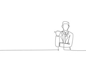 Drawing of Excited businessman presenting copy space. Single line art style vector