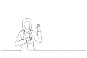 Cartoon of young woman wearing business style swearing with hand on chest and open palm, making a loyalty promise oath. Single continuous line art style vector