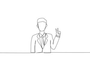 Cartoon of professional gesturing peace showing victory signs with both hands. Continuous line art style vector