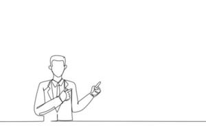 Cartoon of young businessman pointing to side and upwards with both hands showing object in copy space. Single continuous line art style vector