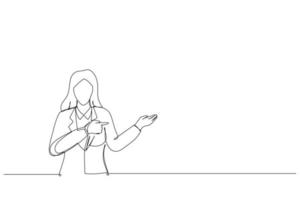 Cartoon of woman holding copyspace imaginary on the palm to insert an ad. Single continuous line art style vector