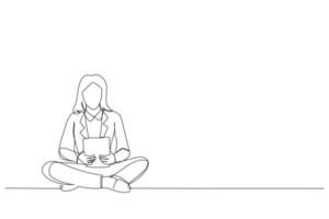 Drawing of smiling young businesswoman meditating at workplace. Single line art style vector