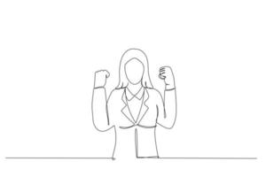 Illustration of enthusiastic asian woman rejoicing, say yes and celebrating victory, champion dance, fist pump gesture. One line style art vector