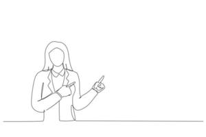 Cartoon of young cheerful woman showing way with fingers. Single continuous line art style vector