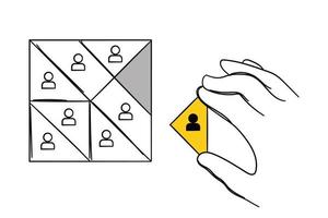 Hand holding last piece of puzzle that fit on the team. Human resource selection process concept. Hand drawn vector illustration design