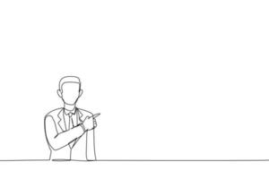 Cartoon of business man pointing space. Single continuous line art style vector