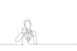 Drawing of male investor showing and pointing up with finger number one. Single line art style vector