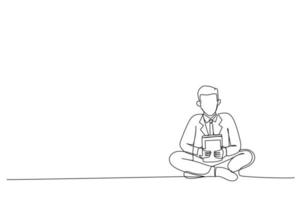 Drawing of worker meditating in lotus pose on the floor in the office. Single line art style vector