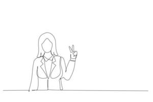 Cartoon of attractive girl is showing peace sign and smiling. Continuous line art style vector