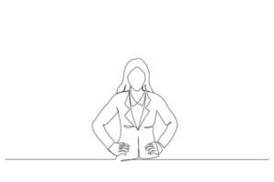 Illustration of young woman standing with hands on waist. One line art style vector