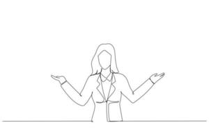Cartoon of woman gesturing with hands and showing balance. Continuous line art style vector