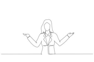 Cartoon of woman gesturing with hands and showing balance. Continuous line art style vector