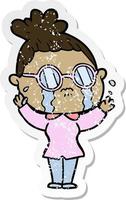 distressed sticker of a cartoon crying woman wearing spectacles vector