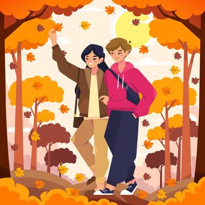 Falling Leaves And A Young Couple Walking