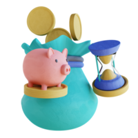 3D illustration coin bag and hourglass png