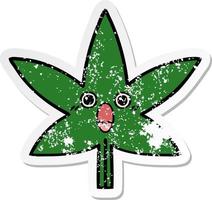 distressed sticker of a cute cartoon marijuana leaf vector