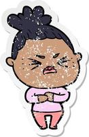 distressed sticker of a cartoon angry woman vector