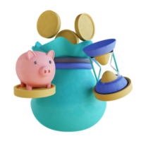 bolsa de monedas de ilustración 3d y reloj de arena png