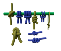 Ilustração 3D de cordas retas e amarradas. cordas torcidas de juta ou cânhamo com laços.