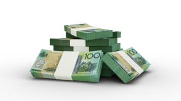 3D-Rendering eines Stapels von 100 australischen Dollarnoten. Bündel australischer Banknoten isoliert auf transparentem Hintergrund, Png-Transparenz png