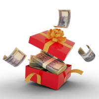 1000 Bangladeshi taka notes inside an open red gift box. Bangladeshi taka inside and flying around a gift box. 3d rendering of money inside box isolated on transparent background, png transparency