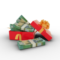 Stack of 100 Australian dollar notes inside an open red gift box. Bundles of Australian dollars inside a gift box. 3d rendering of money inside box isolated on transparent background, png transparency