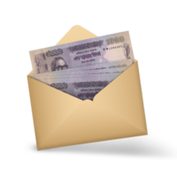 1000 Bangladeshi taka notes inside an open brown envelope. 3D illustration of money in an open envelope isolated on transparent background, png transparency