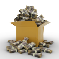 3d rendering of cardboard box full of 1000 Bangladeshi taka notes isolated on transparent background, png transparency