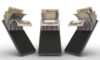 Bangladeshi taka notes inside a mobile phone. 3d rendering of set of mobile money transaction concept. money from Phone. isolated on transparent background, png transparency