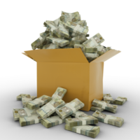 3d rendering of cardboard box full of Bahraini Dinar notes isolated on transparent background, png transparency