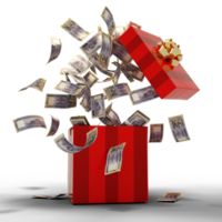 3D rendering of A lot of 1000 Bangladeshi taka notes coming out of an opened red gift box, isolated on transparent background, png transparency