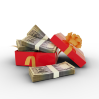 Stack of 1000 Bangladeshi taka notes inside an open red gift box. Bundles of Bangladeshi taka inside a gift box. 3d rendering of money inside box. isolated on transparent background, png transparency