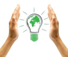 Hands holding green ecology light bulb photo