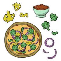 A set of icons for creating pizza with broccoli, vector illustration in cartoon style on a white background