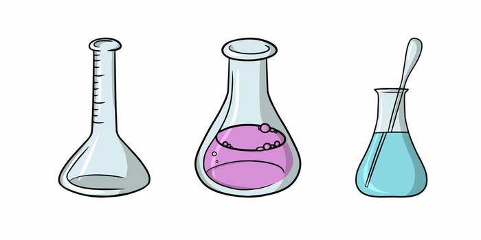 A set of different triangular glass flask with a solution for experiments, vector cartoon illustration on a white background