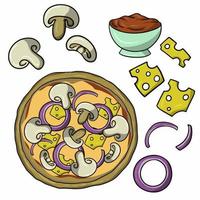 A set of icons for creating pizza with mushrooms, a vector illustration in cartoon style on a white background