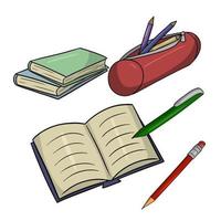 A collection of school pictures, a set for returning to school, a pencil case with pencils, pencils and pens, books and textbooks, an office set, a vector illustration in cartoon style