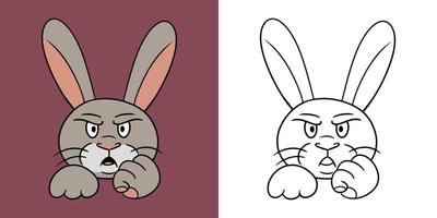 Horizontal Set of Pictures, Angry rabbit shows fist, vector illustration in cartoon style for coloring book