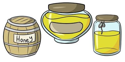 A set of pictures, honey collection, containers with yellow honey, vector illustration in cartoon style on a white background