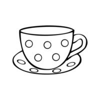 Monochrome picture, large ceramic cup with round pattern and saucer, vector illustration on white background