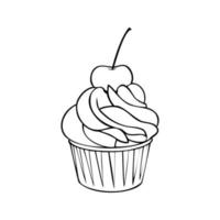 Monochrome picture, muffin with cream and cherry berry, cupcake in a paper cup, vector illustration on a white background