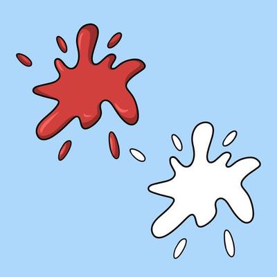 A set of pictures, a spot of red paint, a blob, spilled paint, a vector cartoon illustration on a colored background