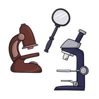 A set of pictures, magnifying devices for laboratory study, a microscope and a magnifying glass, a vector illustration in cartoon style on a white background