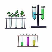 un conjunto de imágenes, un experimento biológico y químico, un stand con tubos de vidrio con diferentes soluciones, una ilustración vectorial en estilo de dibujos animados sobre un fondo blanco vector