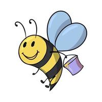 Bee carries a bucket of honey, Cute little bee character, vector illustration in cartoon style on a white background