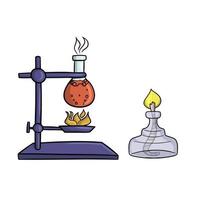 A set for chemical experiments with liquid heating, a glass flask with boiling liquid, a vector illustration in cartoon style on a white background