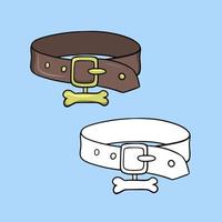 Set of pictures, Brown leather dog collar with gold tag, vector illustration in cartoon style on a colored background