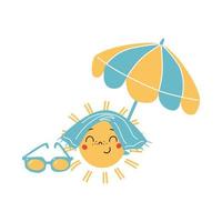 Happy sun character chilling under beach umbrella. vector