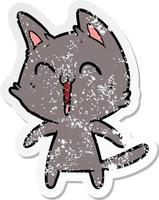 distressed sticker of a happy cartoon cat meowing vector